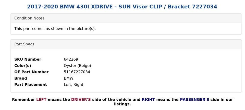 BMW 430I XDRIVE 2017-2020 - Parasol Clip/Soporte 7227034 Foto 4 de 4