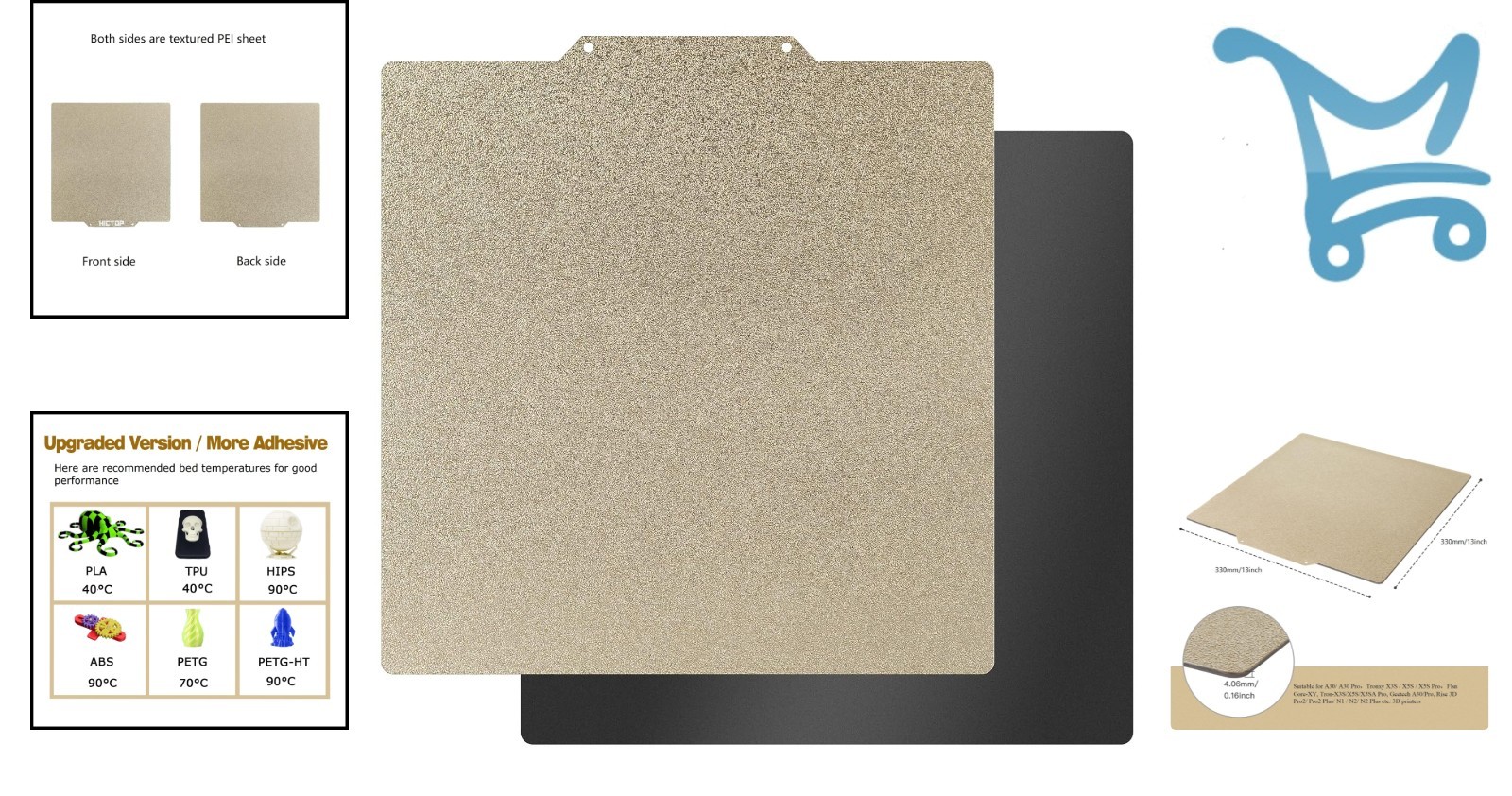 330x330mm Double Sided Textured PEI Bed for 3D Printers, Easy Magnetic Install