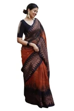 Pappylon Women Kanjivaram Soft Cotton Linen Silk Saree With Blouse Orange Black