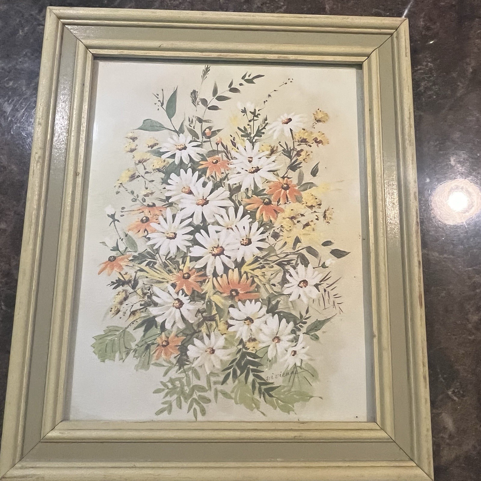 Vivienne Floral Daisy Mid-Century Print in Orange Yellow White 12x10 Framed Art