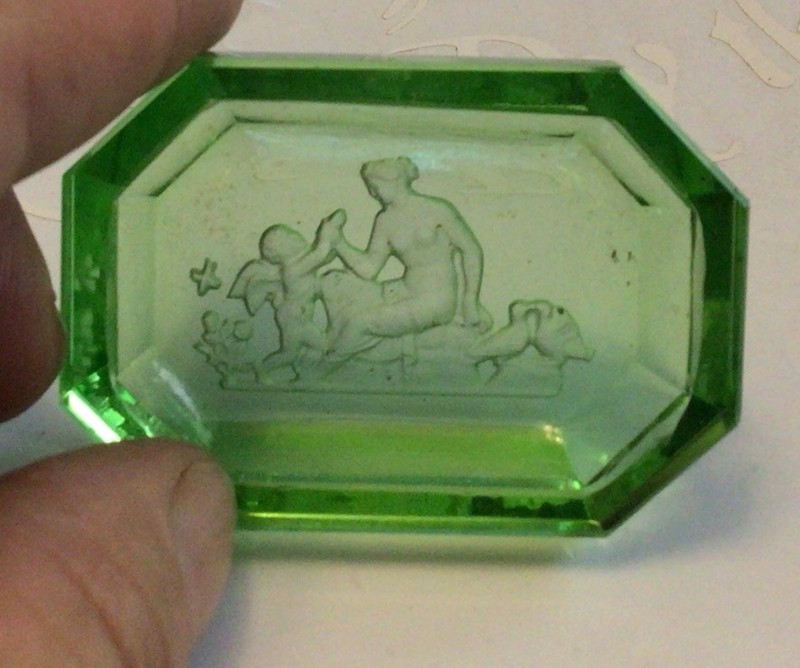 HEINRICH HOFFMAN CZECH Green  BUTTER PAT OPEN SALT DISH INTAGLIO CUPID PSYCHE