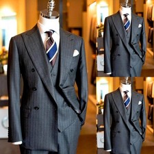 Business Striped Men's Suit 3Pcs Double Breasted Tuxedos Stylish Jacket Coat