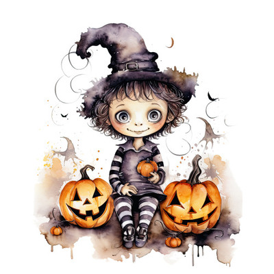 Bügelbild - Halloween - Zauberer mit 2 Kürbissen - 13cm x 11cm - DTF Transfer - 
