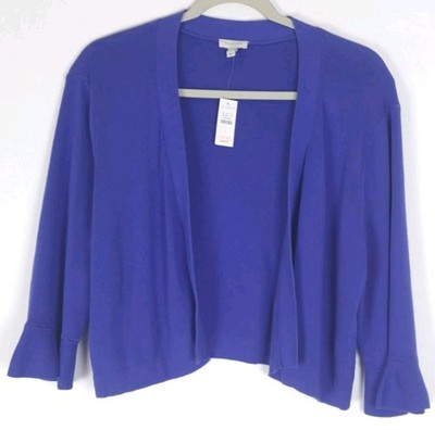 NWT Talbots Lightweight Cropped Cardigan Sweater L Blue Flared Cuff Open Front  