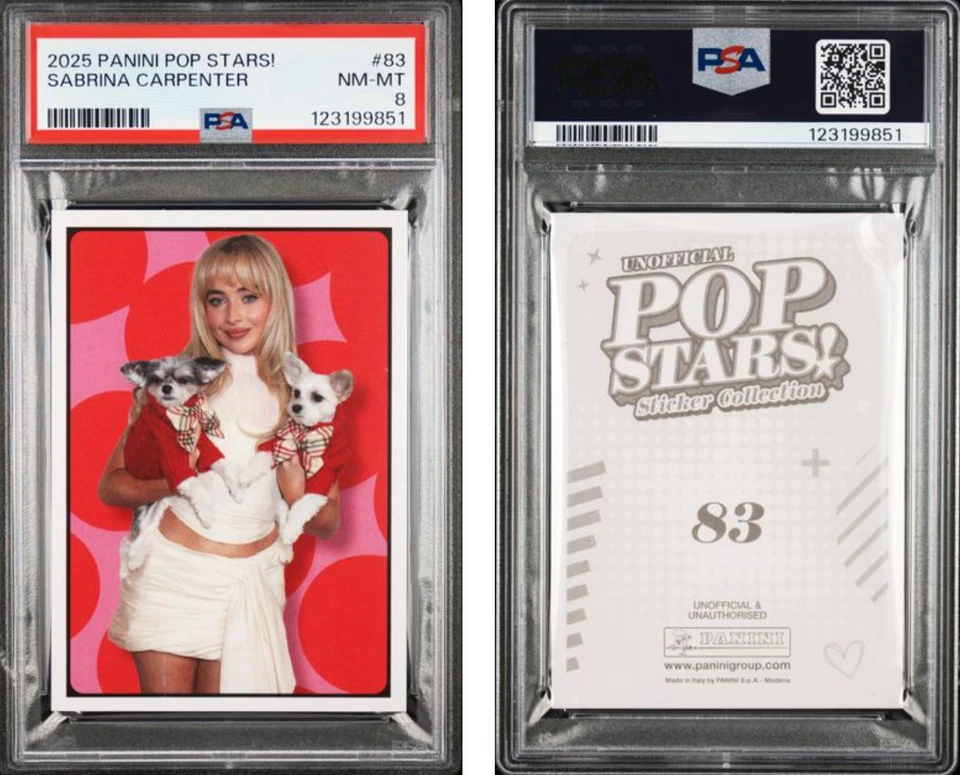 Sabrina Carpenter 2025 Panini Pop Stars! Pegatinas #83 RC PSA 8 casi nuevas - como nuevas Foto 3 de 3