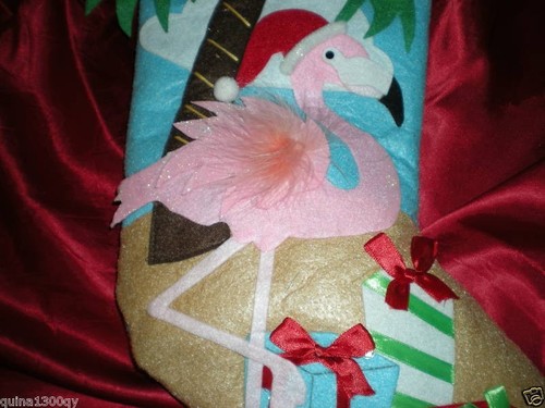 TROPICAL CHRISTMAS PINK FLAMINGO FEATHERS PALM TREE PACKAGES and BOWS STOCKING - Picture 6 of 9