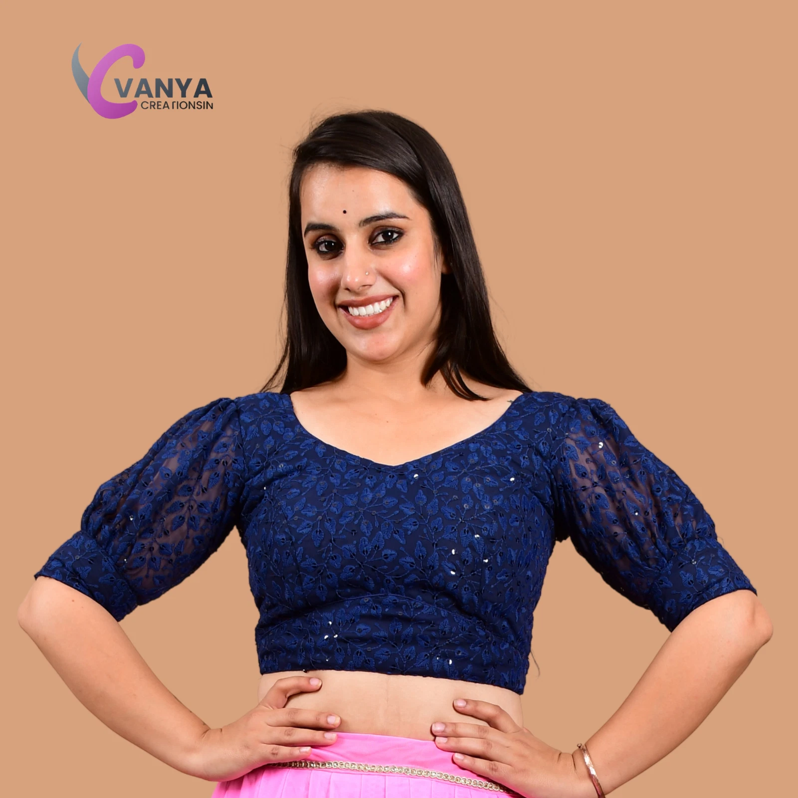 Chikankari embroidery Round-Neck Sleeves Saree Blouse - Non-Padded