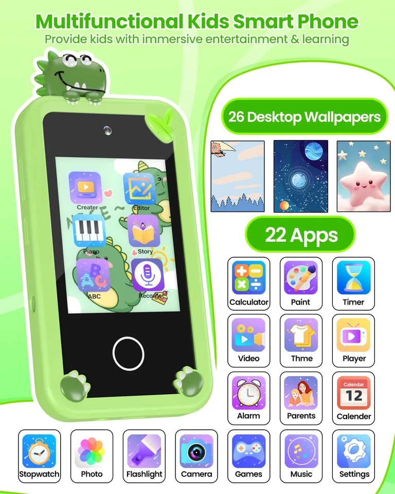 Teléfono inteligente 32G tarjeta niños para 3-10 niños niñas dinosaurio verde juguetes regalo de cumpleaños Foto 2 de 4