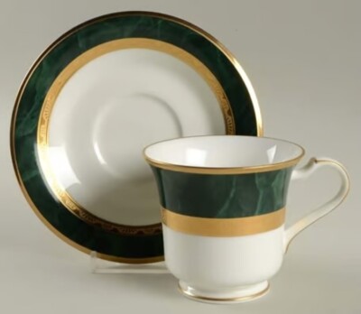 NORITAKE Fitzgerald Footed Cup & Saucer Set/Green Marble Border W/ Gold Scroll