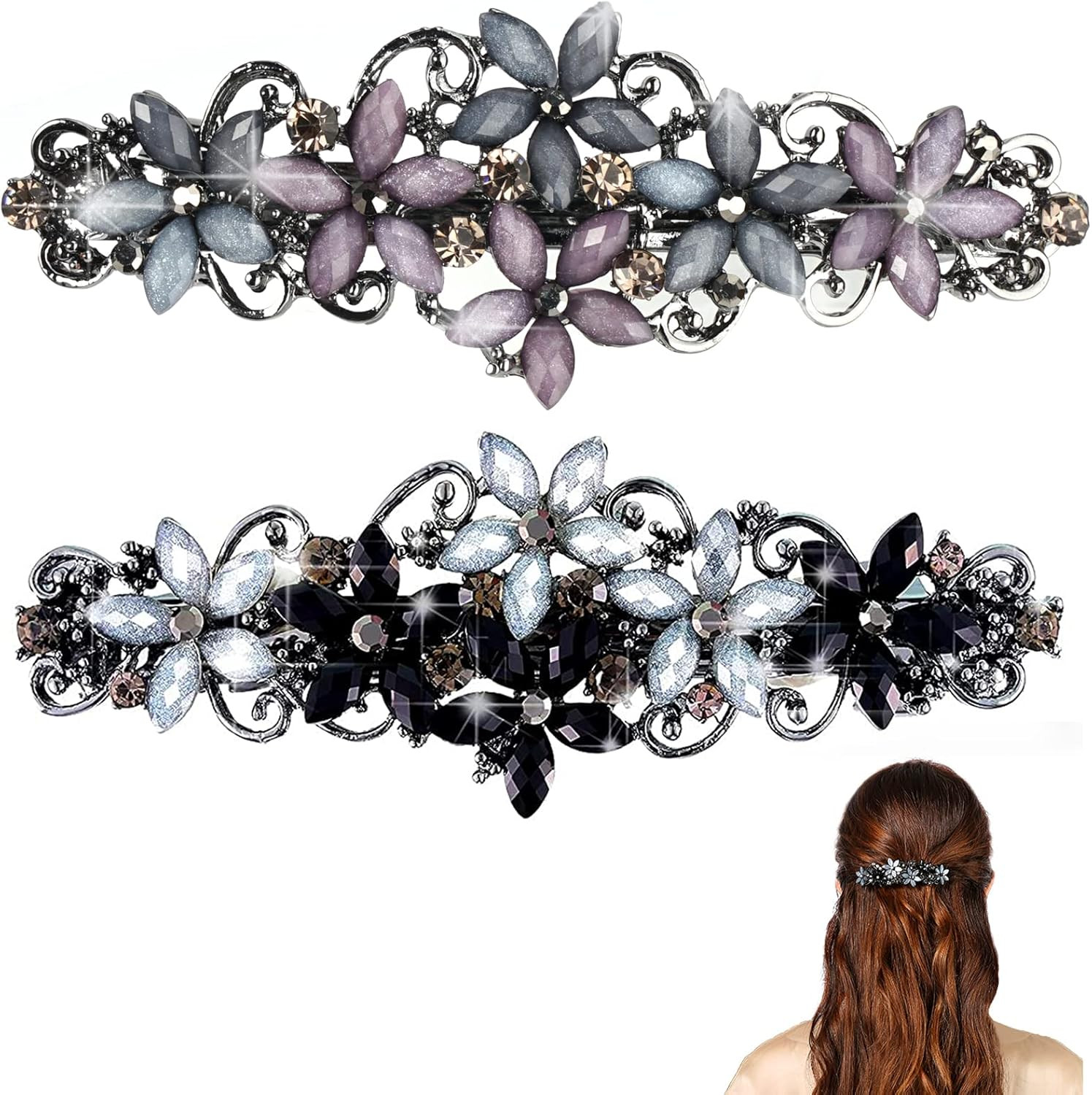 2 Pezzi Fermaglio Capelli Donna Elegante Retrò Crystal Fiore Offerta