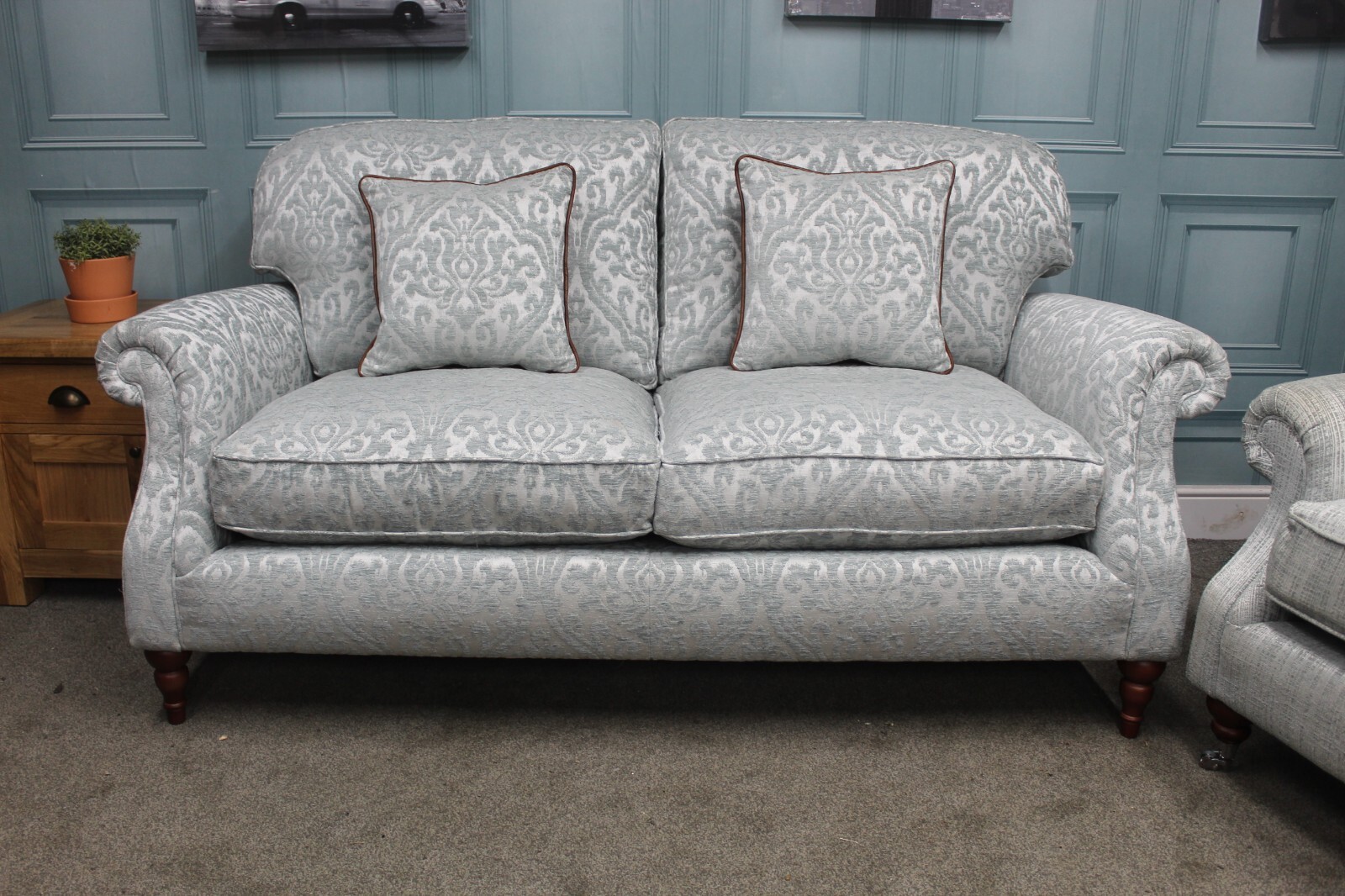 PARKER KNOLL WESTBURY 3 SEATER SOFA & OAKHAM ARMCHAIR IN SILVER & TEAL