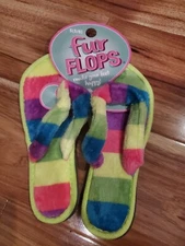 Flip "Fur Flops"  House Slippers Flat Shoe Spa Zebra Leopard Rainbow Camo - NEW 