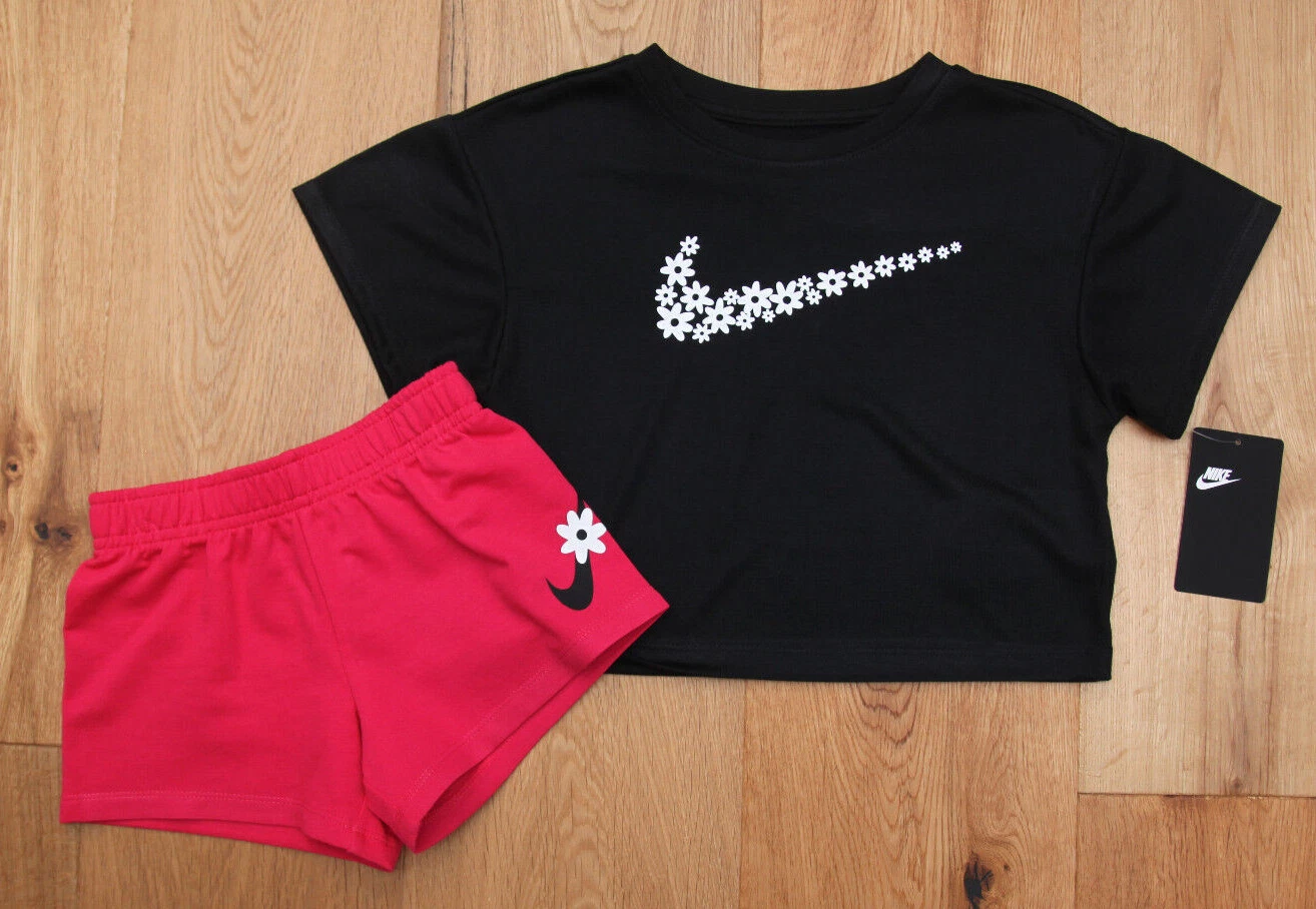 Nike Girl 2 Piece Crop Top & Shorts Set ~ Black, Fuchsia & White ~ Floral ~