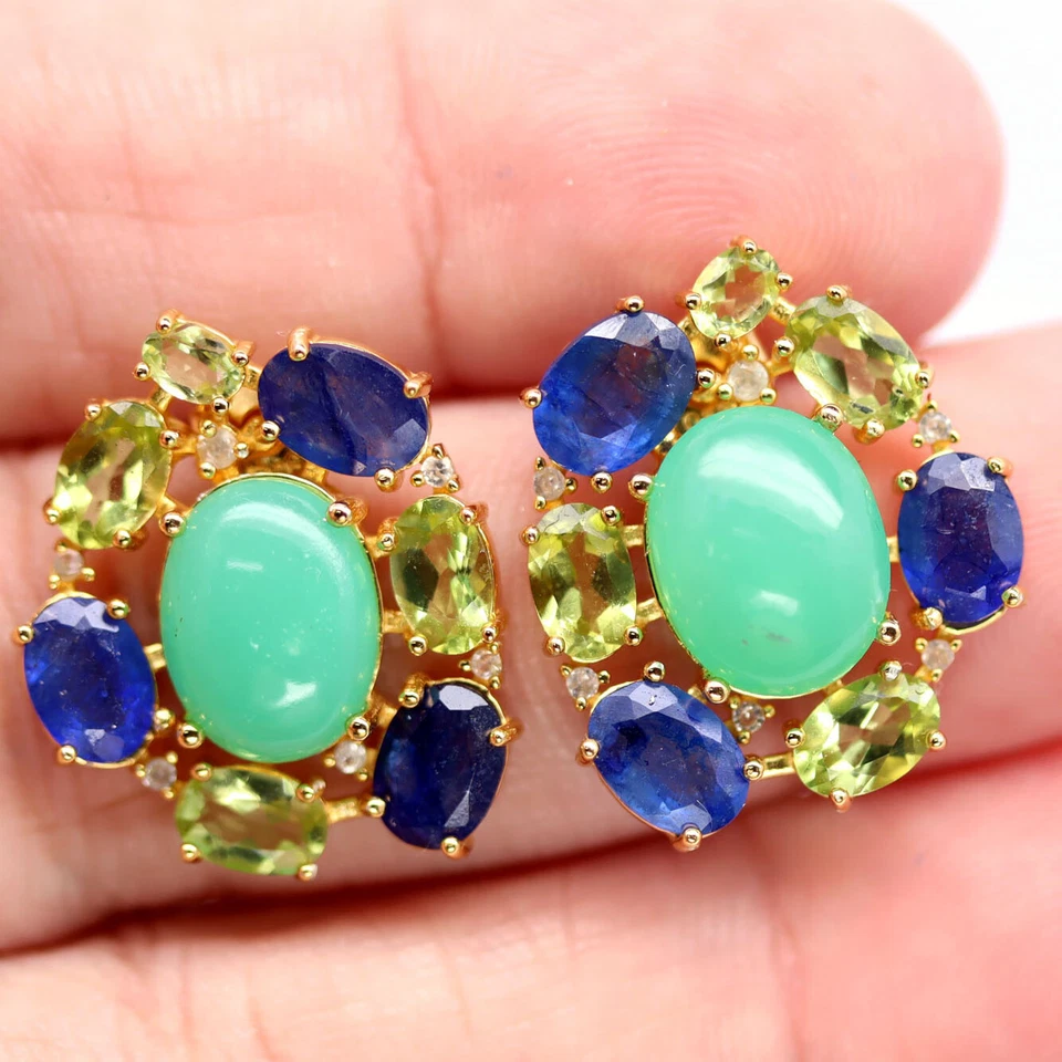 Pendientes de plata 925 con piedras preciosas crisoprasa verde, peridoto, zafiro y circón Foto 2 de 4