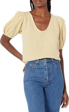 VELVET By Graham & Spencer Louisa Puff Sleeve V Neck Top Pineapple S $119 D11