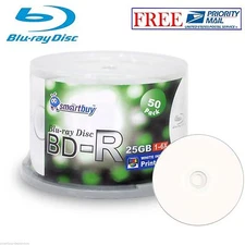 50 Pack SmartBuy BD-R BDR 6X 25GB Blu-ray White Inkjet Hub Printable Record Disc