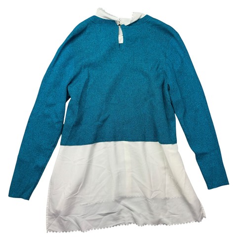 Elle Blouse Sweater Women's Extra Large Ivory Blue Long Sleeve Scalloped Detail - Picture 2 of 10