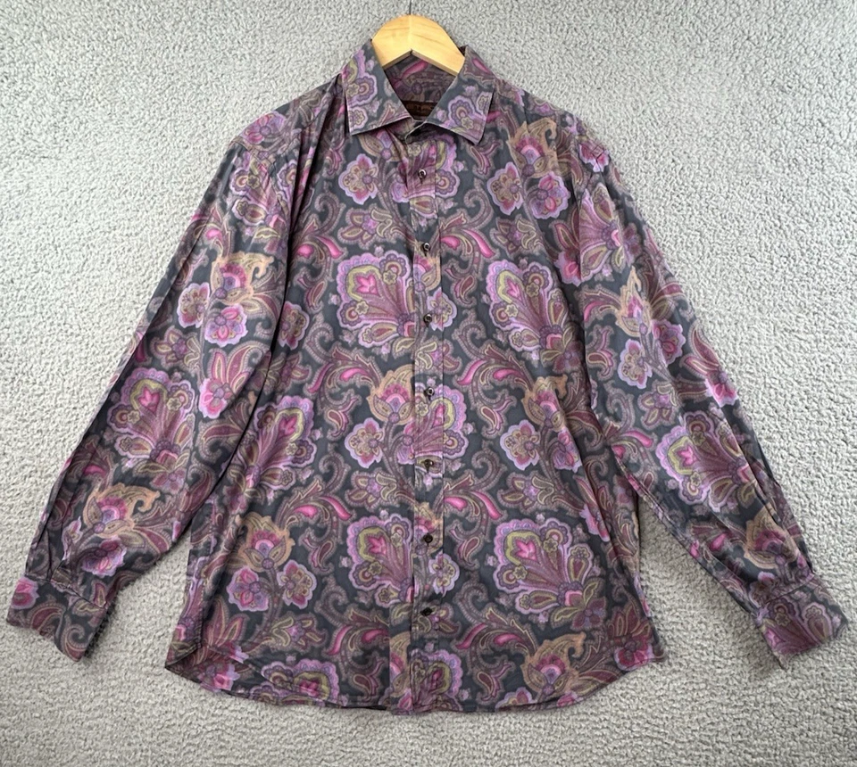 Camisa Etro Para Hombre Talla 44 Púrpura Floral Cachemira Manga Larga Camisa Abotonada Foto 2 de 4