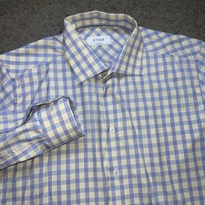 Eton Shirt Mens 17.5-44 Blue Contemporary Fit Poplin Dress Check Cotton Button