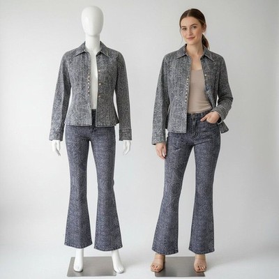 Vertigo Paris Designer Denim Jacket & Flared Pants Set   Grey Metallic Size M