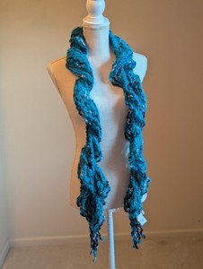 Blue Teal And Gray Spiral Scrunched Ruffle Scarf Textured Yarn