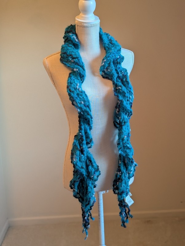 Blue Teal And Gray Spiral Scrunched Ruffle Scarf Textured Yarn