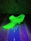 Fenton Green Hobnail Uranium Glass Cat Head Slipper Shoe
