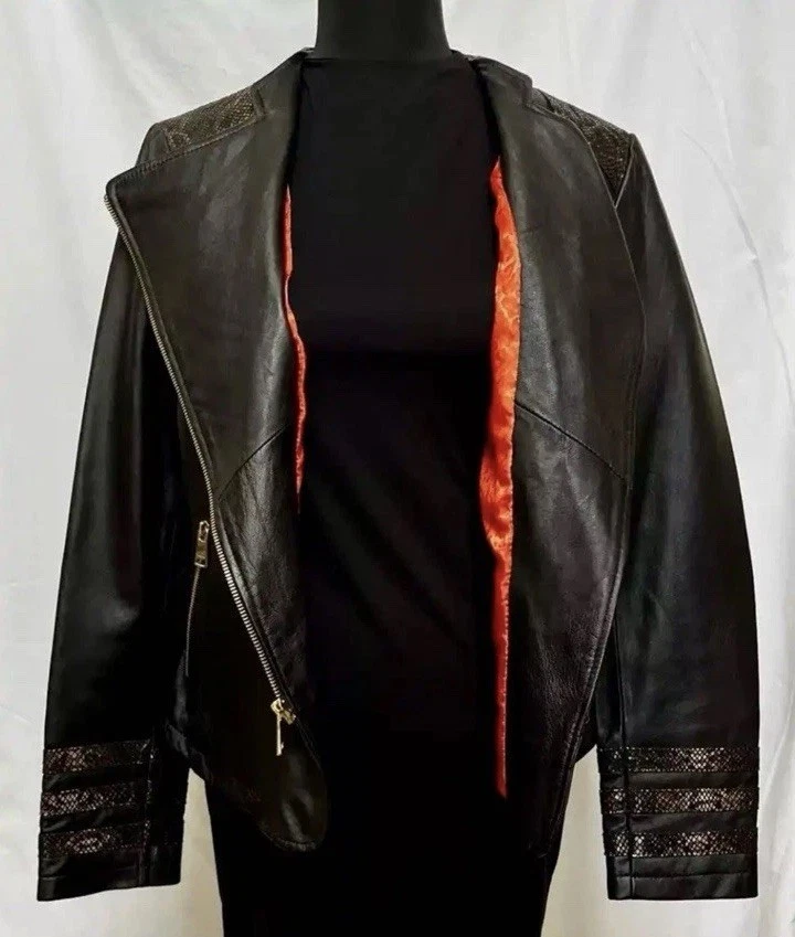Chaqueta de Cuero Bebe Negra Naranja Forrada Satinada Moto Dorado Cremalleras Detalles Serpiente L Foto 3 de 4