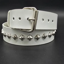 White Genuine Leather  Diamond Pyramid  Studded USA Made Three Row Belt  Punk