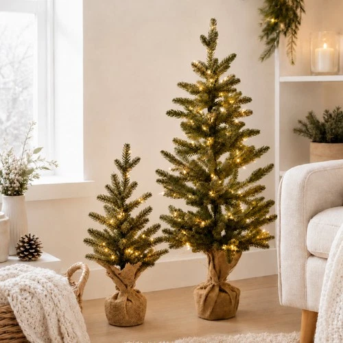 Pre Lit Mini Christmas Tree Duo, 45cm 85cm, Warm White, LED Timer Indoor Set