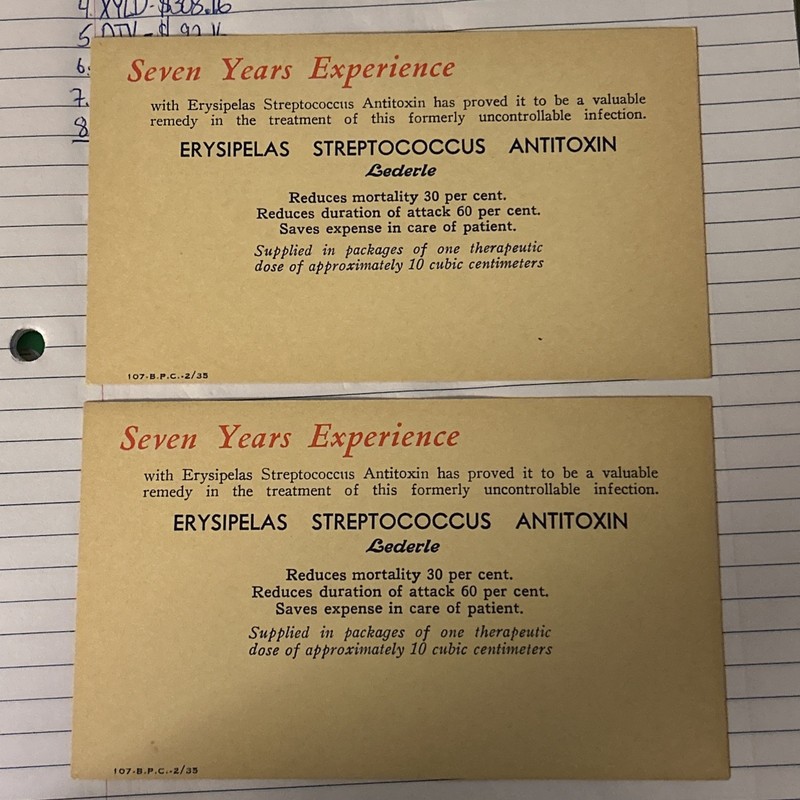 (2)Medical Remedy Postcards - Lederle Laboratories - Strep Antitoxin
