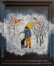 Original Oil Painting, 19x23 inches, Blizzard, Owl, Snow Dog, Winter, Labrador