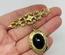 Vintage Style Victorian Revival Black Oval Dangle Locket Filigree Bar Brooch Pin