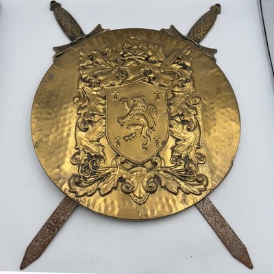 Vintage English Hammered Brass Heraldic Shield Crossed Swords Wall Plaque 25x15