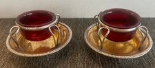 2 Scarce Old Sheffield Plate Salt Cellars Cranberry Glass Inserts Circa 1805
