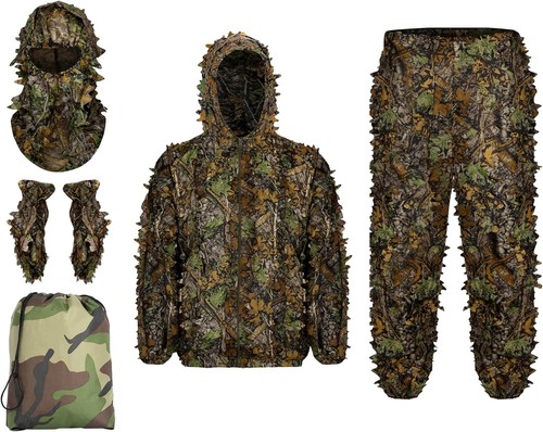 SXAOZYRS 2-Piece Set Ghillie Camouflage 3D Leafy Full Face Mask Camo Hunting Gloves