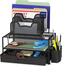 Mesh Desk Organizer with Sliding Drawer, Double Tray and 5 Stacking Sorter Secti