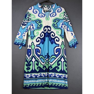 Donna Morgan Geometric Pattererned Blue and Green Sheath Dress Size 8