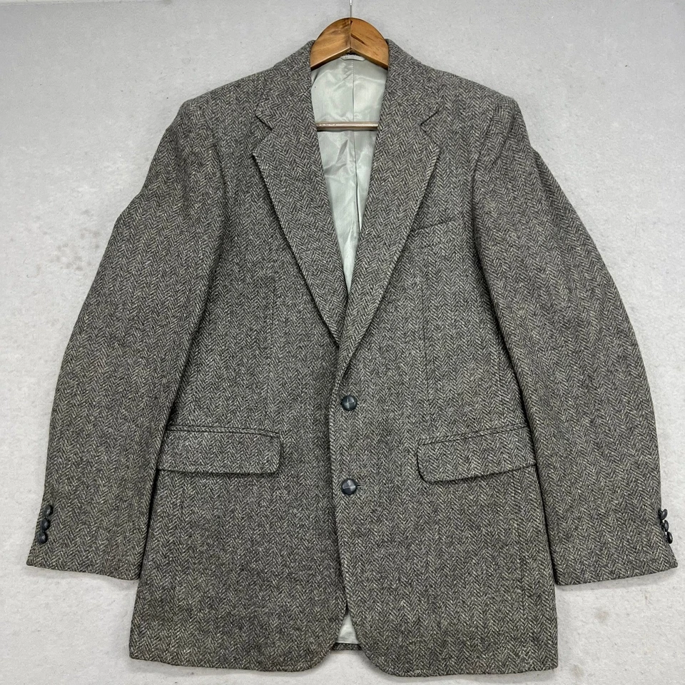 Винтажный Haggar 38R Herringbone твид шерсти блейзер куртка серый кожаный 2 кнопки - Изображение 2 из 4
