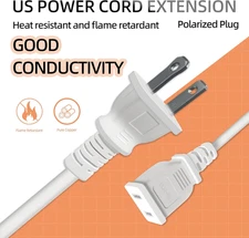 10 Feet Extension Cord White Flat Thin Flexible 2 Prong Long Polarity Power C...