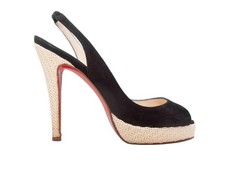 Black & Beige Christian Louboutin Straw-Trimmed Peep-Toe Heels Size 36.5