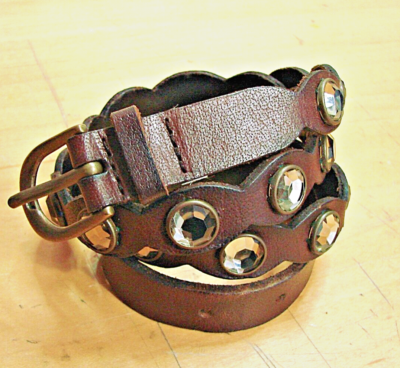GENUINE LEATHER BROWN METALLIC BELT. Studs. Rhinestones GOLD BUCKLE size  S/M/L Brown Gold Rhinestone Leather Belt - Cowgirl Tuff Co. & B  main image 2