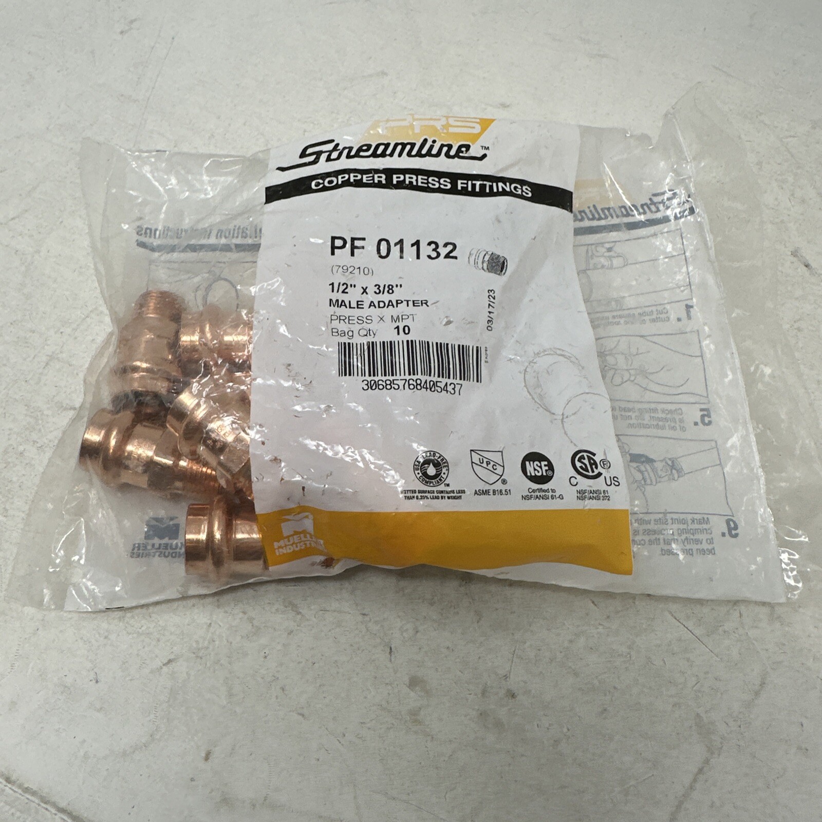 Mueller Streamline PF 01132 Copper Male Adapter P X MPT, 1/2'' X 3/8'' Bag of 10