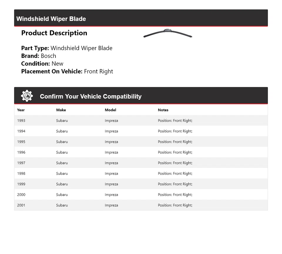 For 1993-2001 Subaru Impreza Bosch ICON Windshield Wiper Blade Front Right 1994 - Image 2 of 3