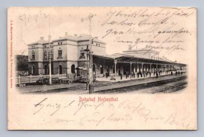 Bahnhof Belgian Train Station HERBESTHAL Belgium Antique Railroad Postcard 1902