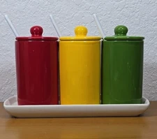 Ceramic Condiment BBQ Set Ketchup Mustard Relish Lids Spoons Summer Picnic 10pcs