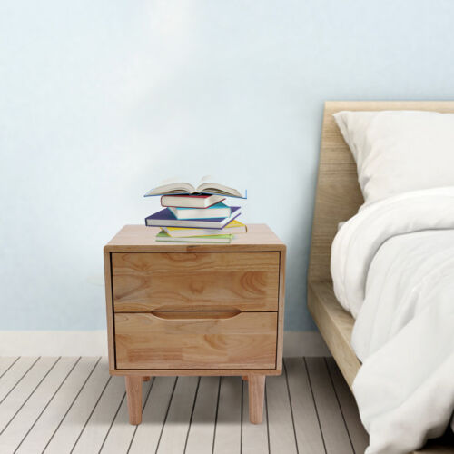 Nightstand 2 Drawers Wooden Sofa End Table Bedside Storage Organizer Rubber Wood