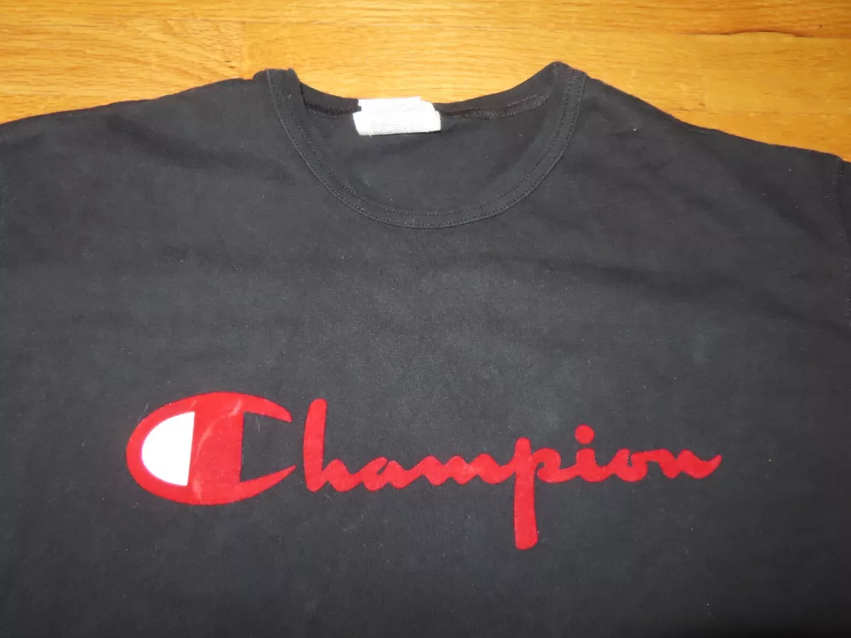 Vintage Champion Label T shirt lourd logo feutre de marque 2XL ROUGE NOIR