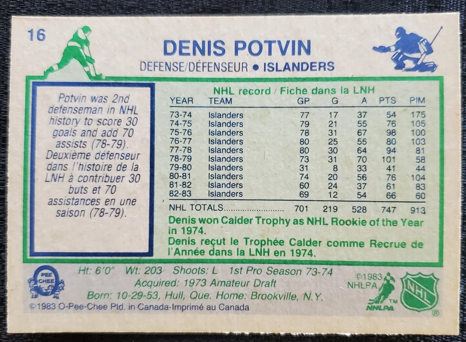 1983-84 Denis Potvin New York Islanders NHL O-Pee-Chee Card #16 - Image 2 of 2