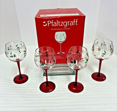 Pfaltzgraff Winterberry Goblets Etched & Handpainted Set of 4 Boxed
